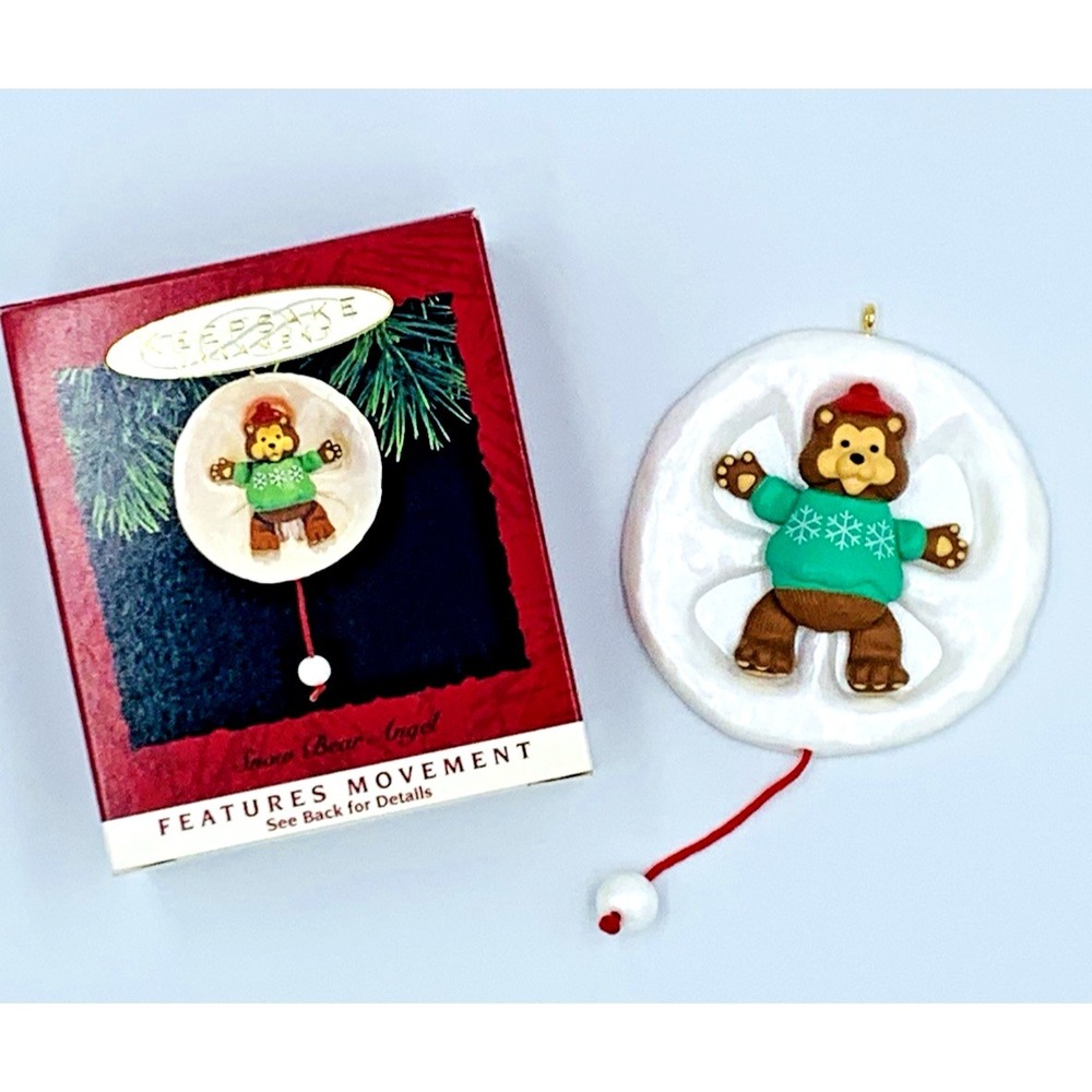 VTG 1993 Snow Bear Angel Hallmark Keepsake Christmas Ornament Moving Pull String